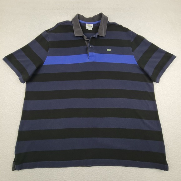 Lacoste Polo Shirt Mens 2XL Blue Black Striped Short Sleeve Classic Cotton Rugby - Picture 1 of 8